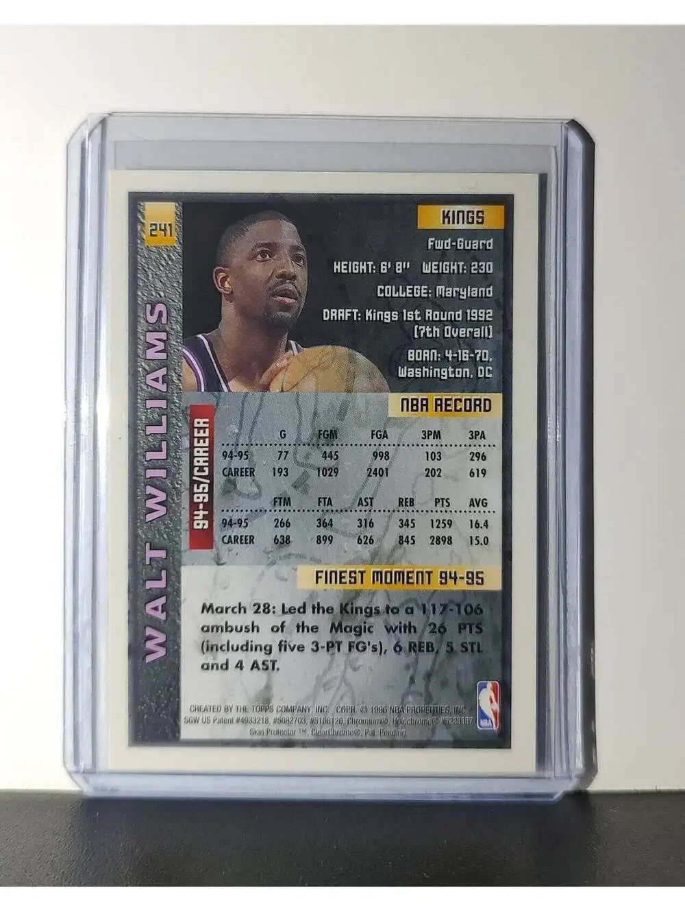 Walt Williams 1995-96 Topps Finest NBA #241 Card Sacramento Kings